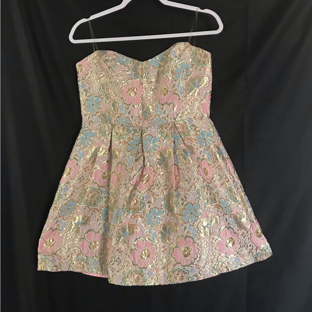 Floral Strapless Dress with Gold Accents